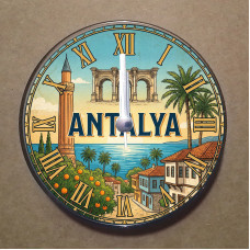 MS1011 Antalya Temalı Magnet Saat Buzdolabı Süsü Duvar Saati 10,5cm