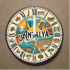 MS1014 Antalya Temalı Magnet Saat Buzdolabı Süsü Duvar Saati 10,5cm