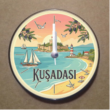 MS2031 Kuşadası Temalı Magnet Saat Buzdolabı Süsü Duvar Saati 10,5cm