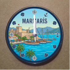MS2035 Marmaris Temalı Magnet Saat Buzdolabı Süsü Duvar Saati 10,5cm