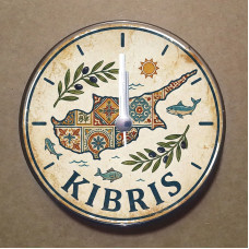 MS3005 Kıbrıs Temalı Magnet Saat Buzdolabı Süsü Duvar Saati 10,5cm